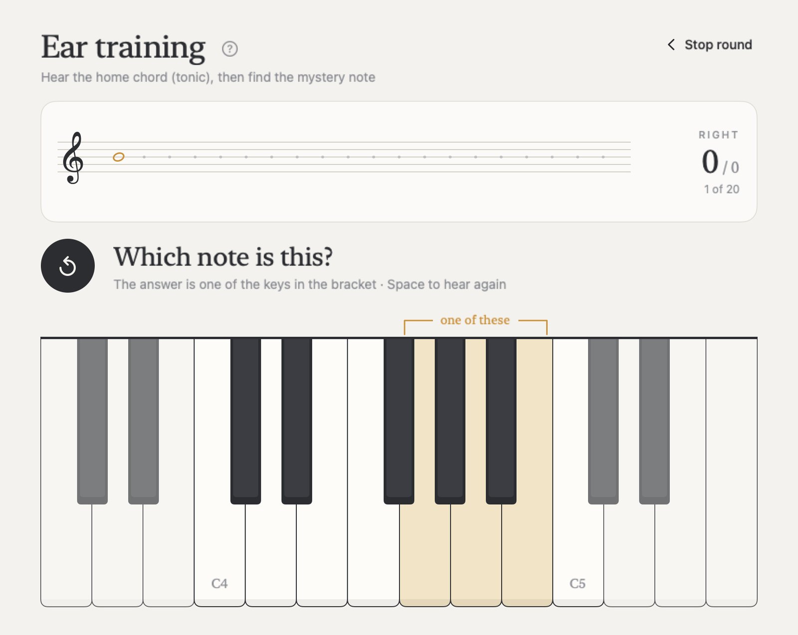 Ear training: which note is this, the answer is one of the keys in the bracket