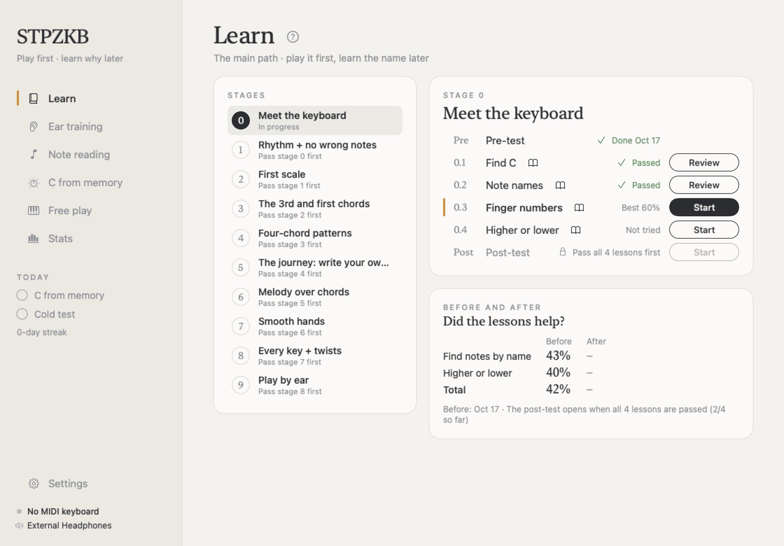 The Learn page: 10 stages and the lessons of stage 0
