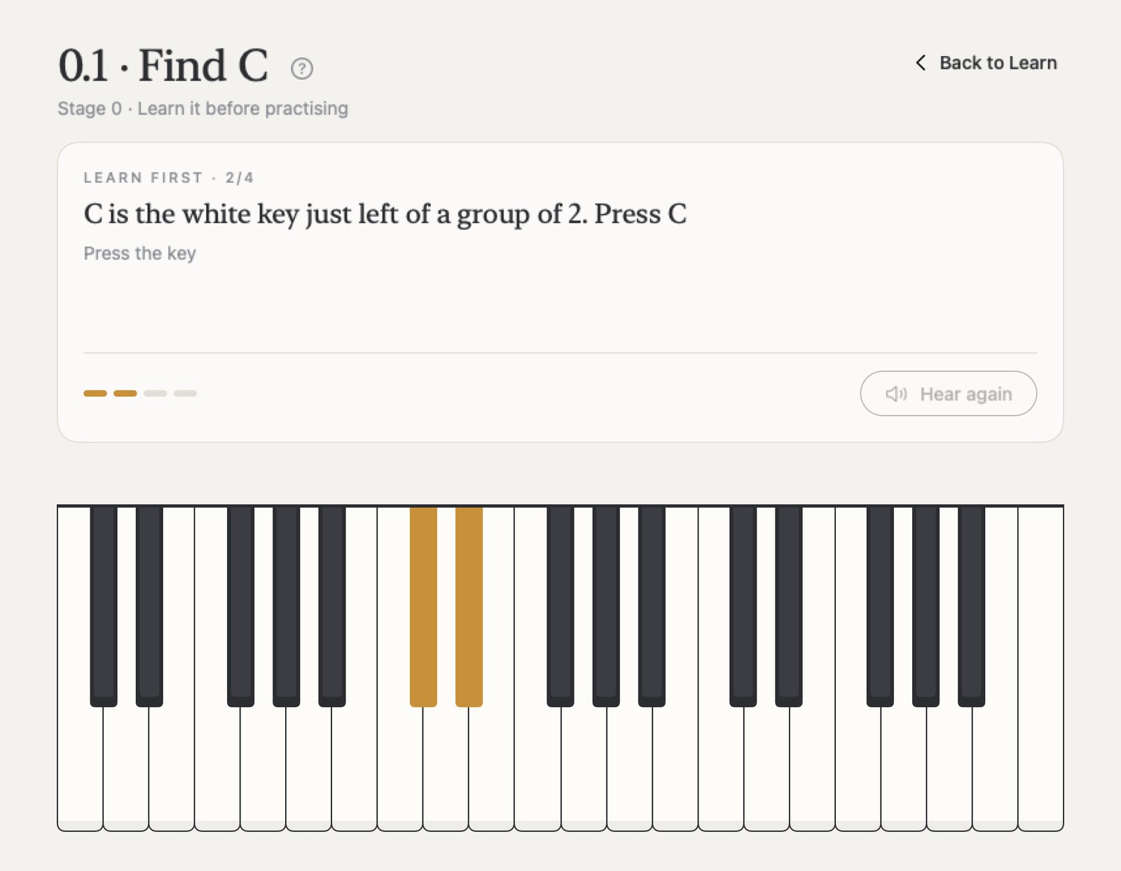 A lesson's first step: C is the white key just left of a group of 2