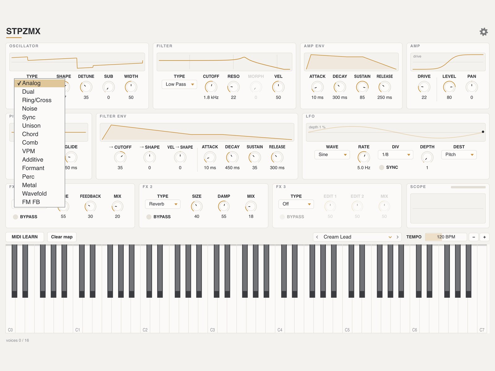 STPZMX oscillator TYPE menu with all 15 sound models