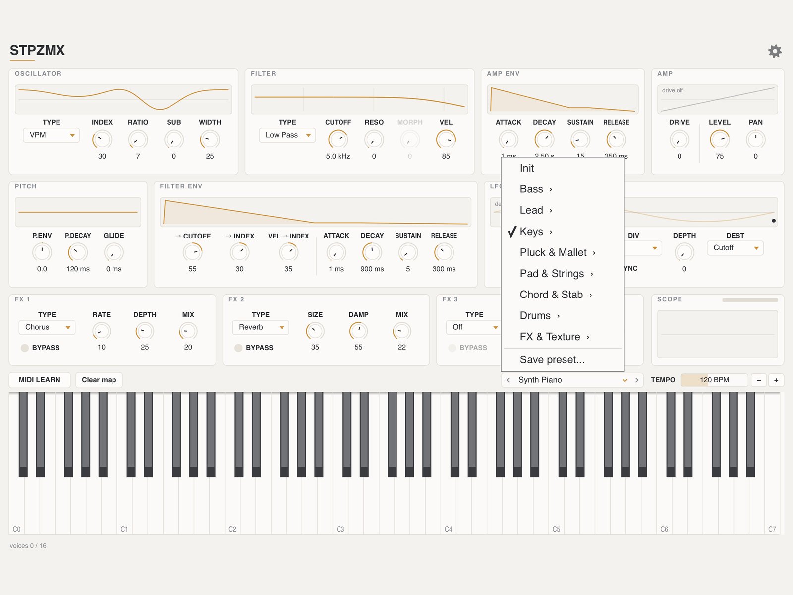 STPZMX preset menu with 8 groups